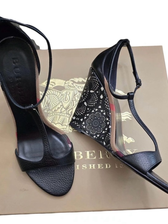 Burberry Shoes - Burberry Black Laser-Cut Wedge Sandals with T‑Strap